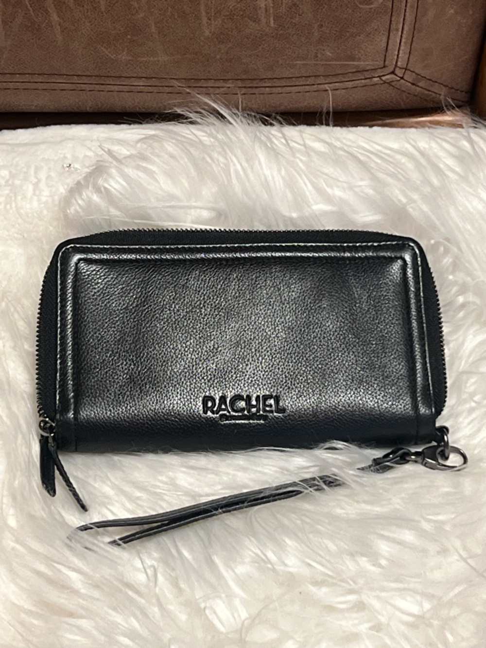 RACHEL Black Leather double zipper large size Wristlet Wallet